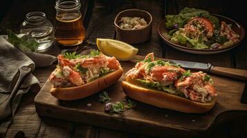 Closeup Lobster Rolls full of chunks of lobster meat and vegetables on a wooden plate, AI Generative photo