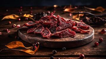 Close up spicy beef jerky with blurred background, AI Generative photo