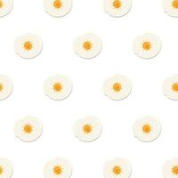 Seamless sunny side up egg pattern with the sun as a yolk on white background. Repeating fried egg pattern. Editable Vector Illustration. EPS 10.