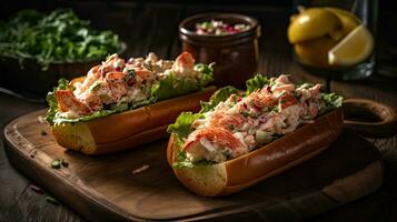 Lobster Rolls full of chunks of lobster meat and vegetables on a wooden plate, AI Generative photo