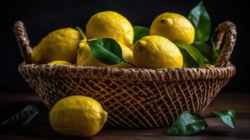 Fresh Lemon in a bamboo basket with blurred background, photo