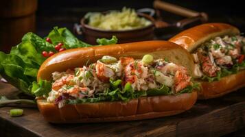 Closeup Lobster Rolls full of chunks of lobster meat and vegetables on a wooden plate, AI Generative photo