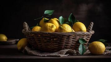 Closeup Fresh Lemon in a bamboo basket with blurred background, photo