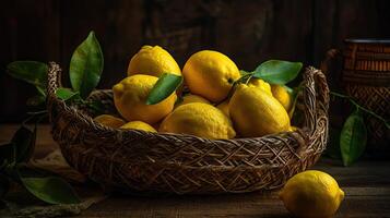 Closeup Fresh Lemon in a bamboo basket with blurred background, photo