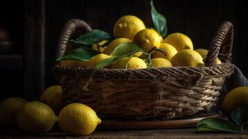 Fresh Lemon in a bamboo basket with blurred background, photo