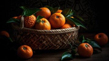 Fresh Mandarin in a bamboo basket with blurred background, AI Generative photo