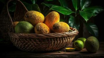 close up jack fruits on bamboo basket with jack fruit leaf ornament and blurred background, AI Generative photo