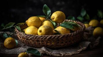 Fresco limón en un bambú cesta con borroso fondo, ai generativo foto