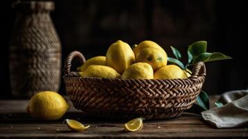 Closeup Fresh Lemon in a bamboo basket with blurred background, photo