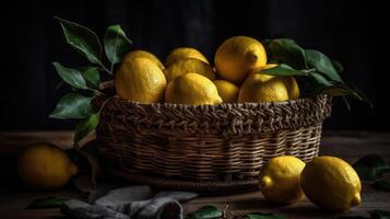 Closeup Fresh Lemon in a bamboo basket with blurred background, photo