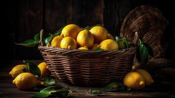 Close-up fresh lemon in a bamboo basket with blurred background, photo