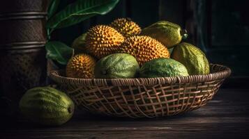Jackfruits on bamboo basket with jack fruit leaf ornament and blurred background, AI Generative photo