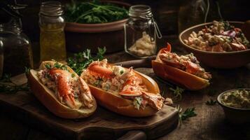 Lobster Rolls full of chunks of lobster meat and vegetables on a wooden plate, AI Generative photo