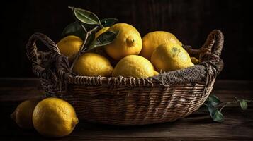 Fresh Lemon in a bamboo basket with blurred background, photo