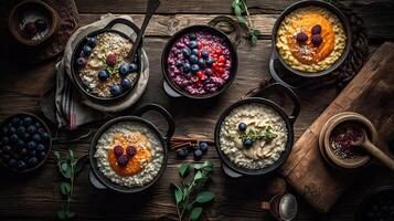 Close up grifts food with fruit toppings in ceramic bowl with blurred background, photo