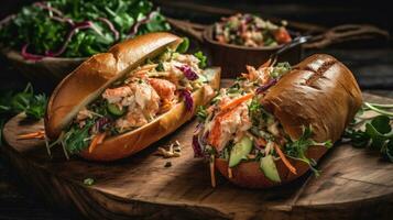 Lobster Rolls full of chunks of lobster meat and vegetables on a wooden plate, AI Generative photo