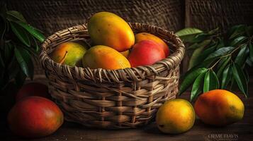 Close-up Fresh Mango fruits in a bamboo basket with blurred background, photo