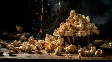 Closeup Popcorn in a bowl with a blurred background, AI Generative photo