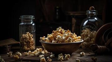 Closeup Popcorn in a bowl with a blurred background, AI Generative photo