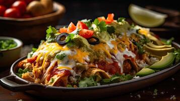 New Mexican flat enchiladas with vegetable chunks and blurred background, AI Generative photo