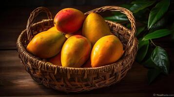 Close-up Fresh Mango fruits in a bamboo basket with blurred background, photo