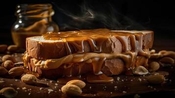 Sweet peanut butter sandwiches with sprinkled peanut kernels on wooden table with blur background, AI Generative photo