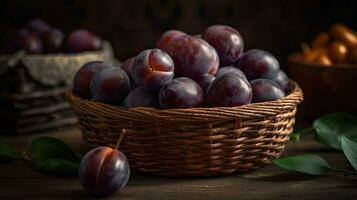 de cerca Fresco ciruela frutas en un bambú cesta con difuminar fondo, ai generativo foto