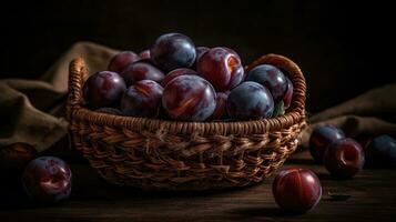 de cerca Fresco ciruela frutas en un bambú cesta con difuminar fondo, ai generativo foto