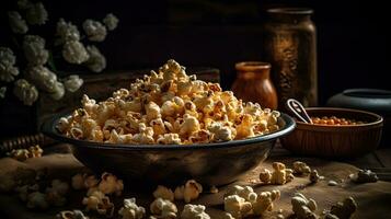 Closeup Popcorn in a bowl with a blurred background, AI Generative photo