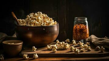 Closeup Popcorn in a bowl with a blurred background, AI Generative photo