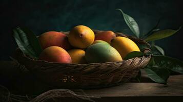 Fresco mango frutas en un bambú cesta con borroso fondo, ai generativo foto