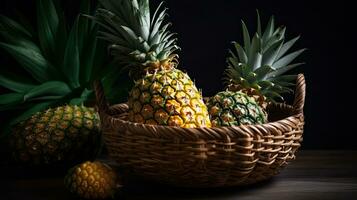 Closeup Pineapple Fruits in a bamboo basket with blur background, AI Generative photo