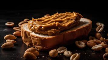 Sweet peanut butter sandwiches with sprinkled peanut kernels on wooden table with blur background, photo
