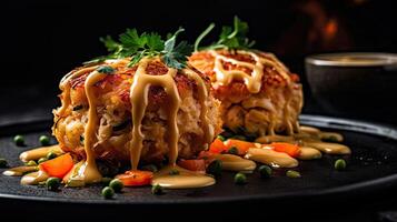 Maryland Crab Cakes with chopped greens on a wooden plate with a blurred background, photo