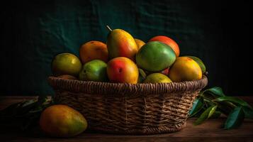 Close-up Fresh Mango fruits in a bamboo basket with blurred background, photo