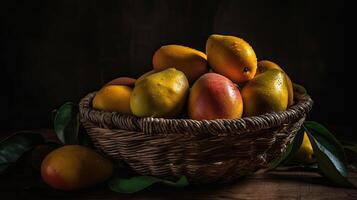 Fresh Mango fruits in a bamboo basket with blurred background, photo