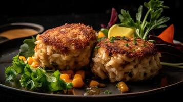 close up maryland crab cakes with chopped greens on a wooden plate with a blurred background, photo