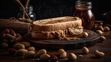 Peanut Butter Sandwiches with sprinkled peanut kernels on wooden table with blur background, AI Generative photo