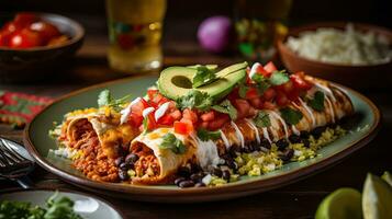 Closeup New Mexican flat enchiladas with vegetable chunks and blurred background, AI Generative photo