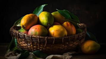 Mango fruits in a bamboo basket with blurred background, photo