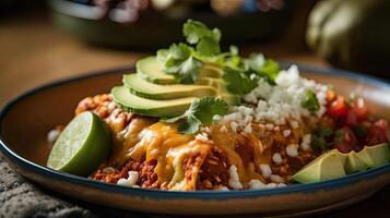 nuevo mexicano plano enchiladas con vegetal trozos y borroso fondo, ai generativo foto