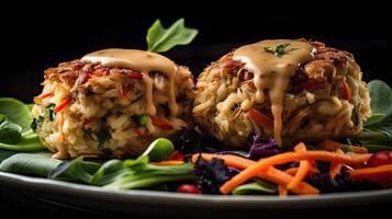 Maryland Crab cakes with chopped greens on a wooden plate with a blurred background, photo