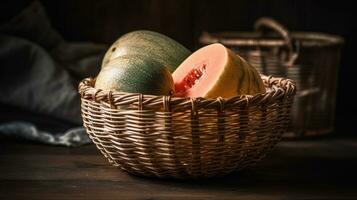 Watermelon in a bamboo basket with blurred background, AI Generative photo