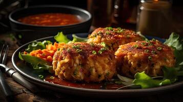 Closeup Maryland Crab cakes with chopped greens on a wooden plate with a blurred background, photo