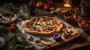 Pizza full of sliced greens on a wooden plate on a blurred background, AI Generative photo