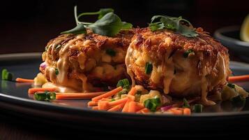 Maryland Crab Cakes with chopped greens on a wooden plate with a blurred background, photo