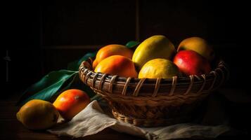 Mango fruits in a bamboo basket with blurred background, photo