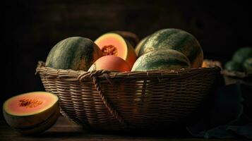 Watermelon in a bamboo basket with blurred background, AI Generative photo