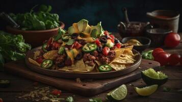 close up nachos full of chunks of vegetables with blurred background, photo