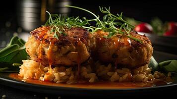 Maryland Crab Cakes with chopped greens on a wooden plate with a blurred background, photo